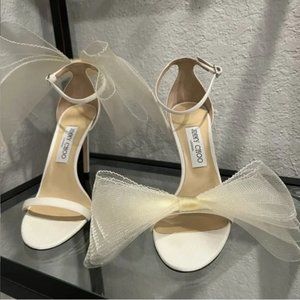 Jimmy Choo Aveline Latte Sandals with Asymmetric Grosgrain Mesh Fascinator Bows